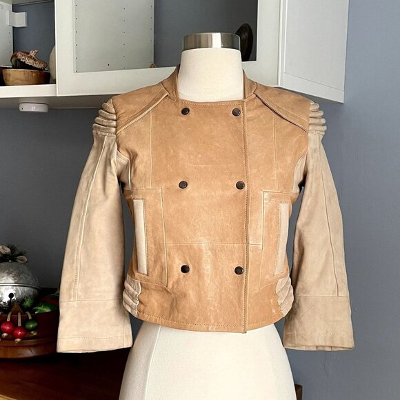 H&M Two-Tone Leather Suede Cropped Moto Jacket Biker - Picture 1 of 10